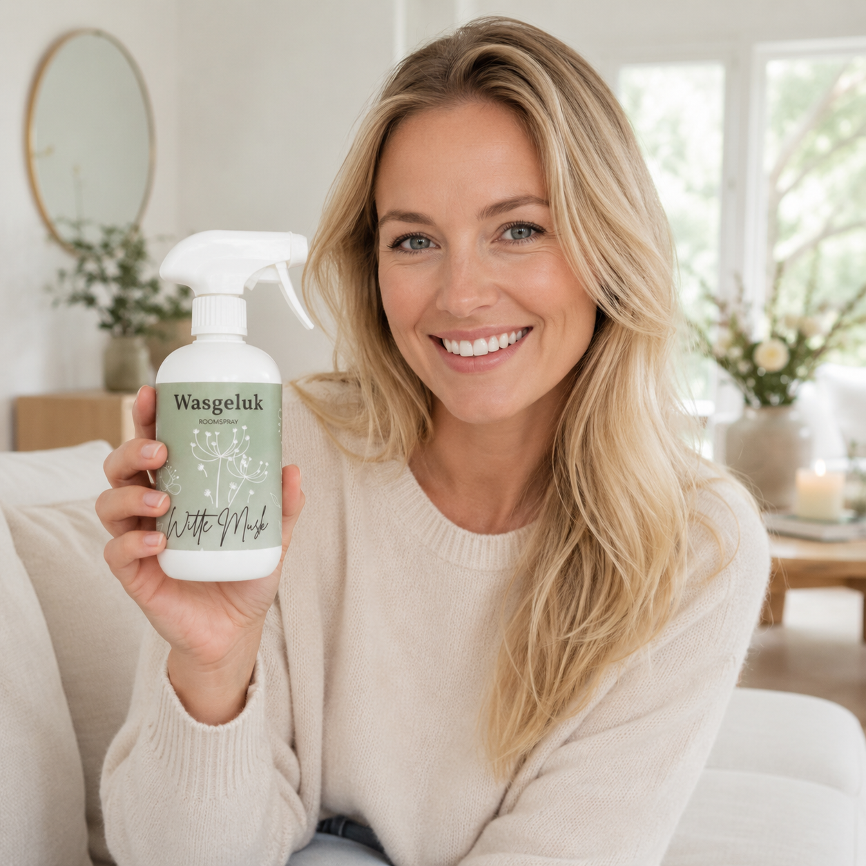 Roomspray Witte Musk van Wasgeluk met zachte frisse muskusgeur in stijlvolle fles.